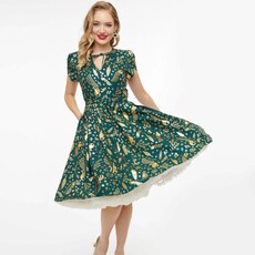 Unique Vintage & Smak Parlour 1940s Green & Gold Peacock Print Dahlia Swing Dress
