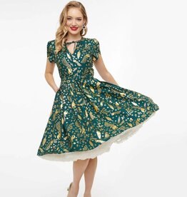 Unique Vintage & Smak Parlour 1940s Green & Gold Peacock Print Dahlia Swing Dress