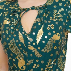 Unique Vintage & Smak Parlour 1940s Green & Gold Peacock Print Dahlia Swing Dress