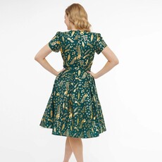 Unique Vintage & Smak Parlour 1940s Green & Gold Peacock Print Dahlia Swing Dress