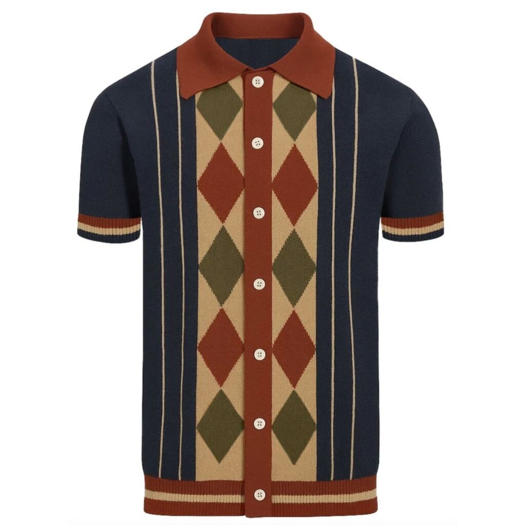 OxKnit FL25 Mens Vintage Striped Diamond Check Cardigan