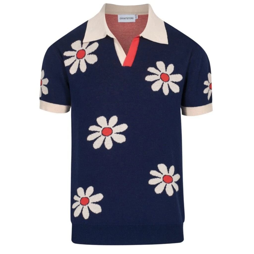 OxKnit FL25 Mens Retro 1970s Daisy Knit Polo