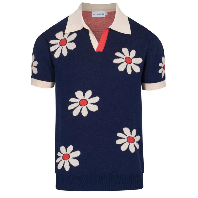 OxKnit FL25 Mens Retro 1970s Daisy Knit Polo