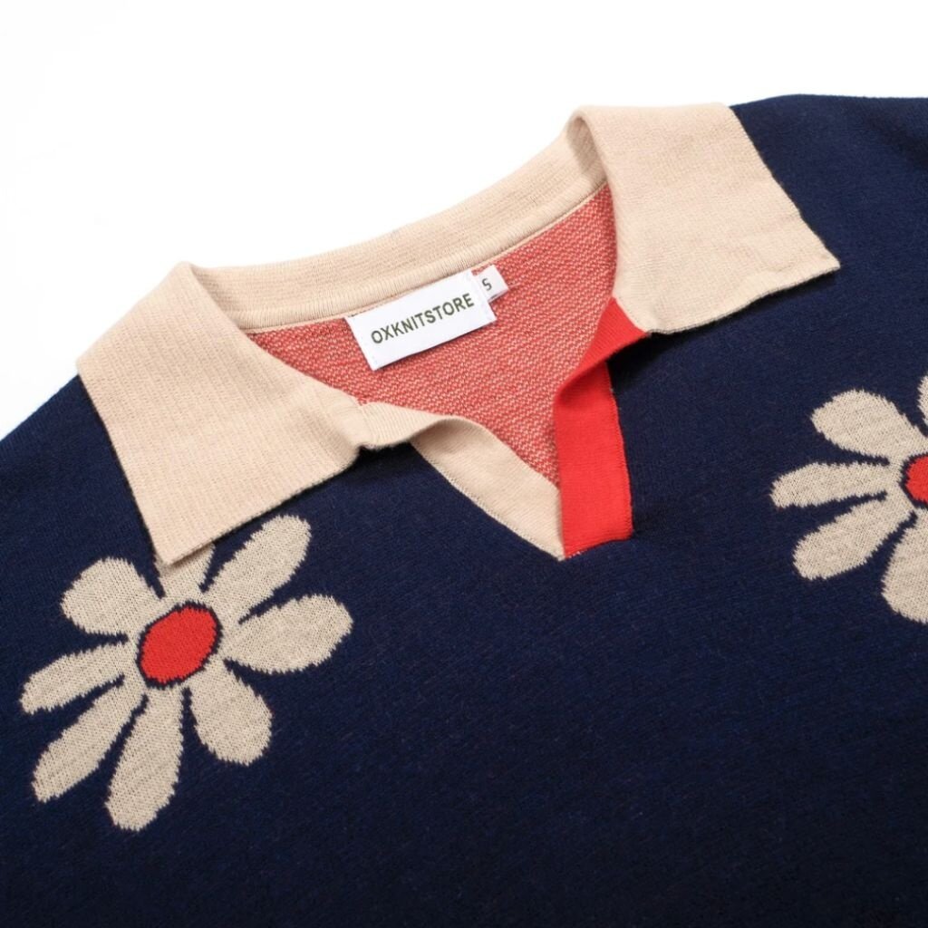 OxKnit FL25 Mens Retro 1970s Daisy Knit Polo
