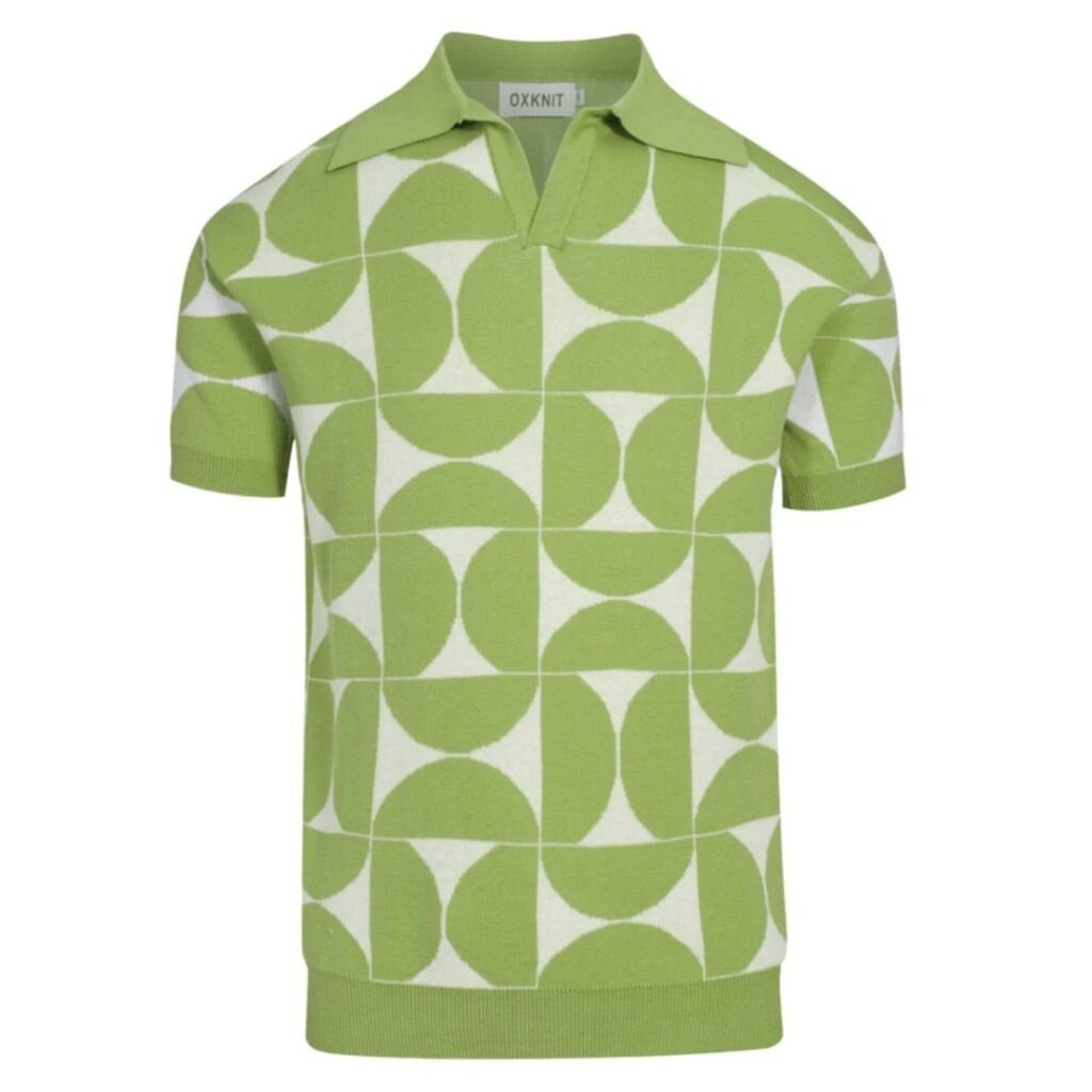 OxKnit FL25 Mens Retro Knit Polo Geometric Button
