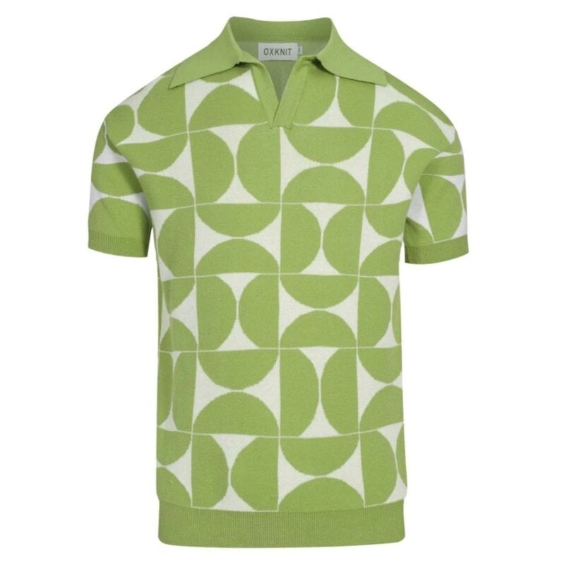 OxKnit FL25 Mens Retro Knit Polo Geometric Button