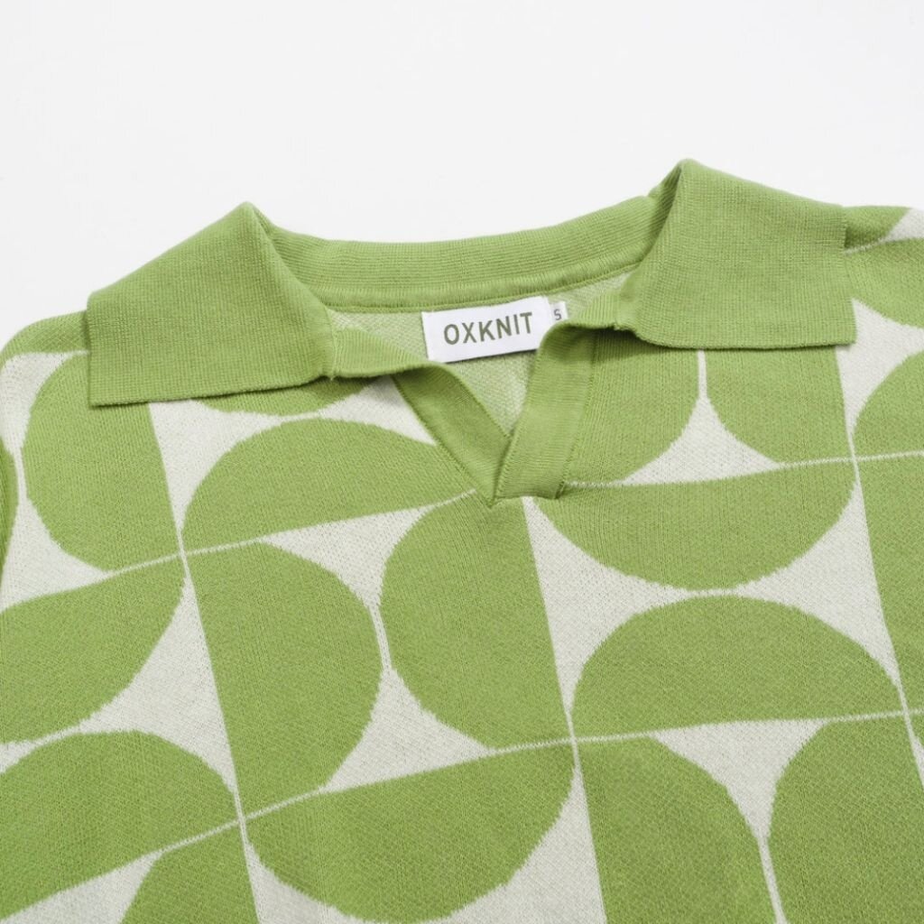 OxKnit FL25 Mens Retro Knit Polo Geometric Button