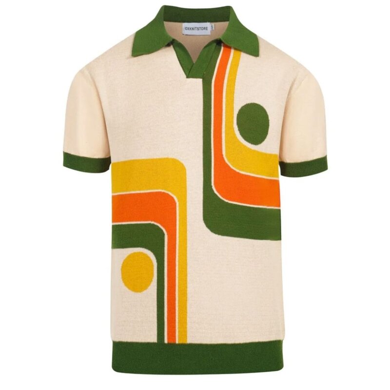 OxKnit FL25 Mens Retro Knit Polo 1970s Geometric Graphic