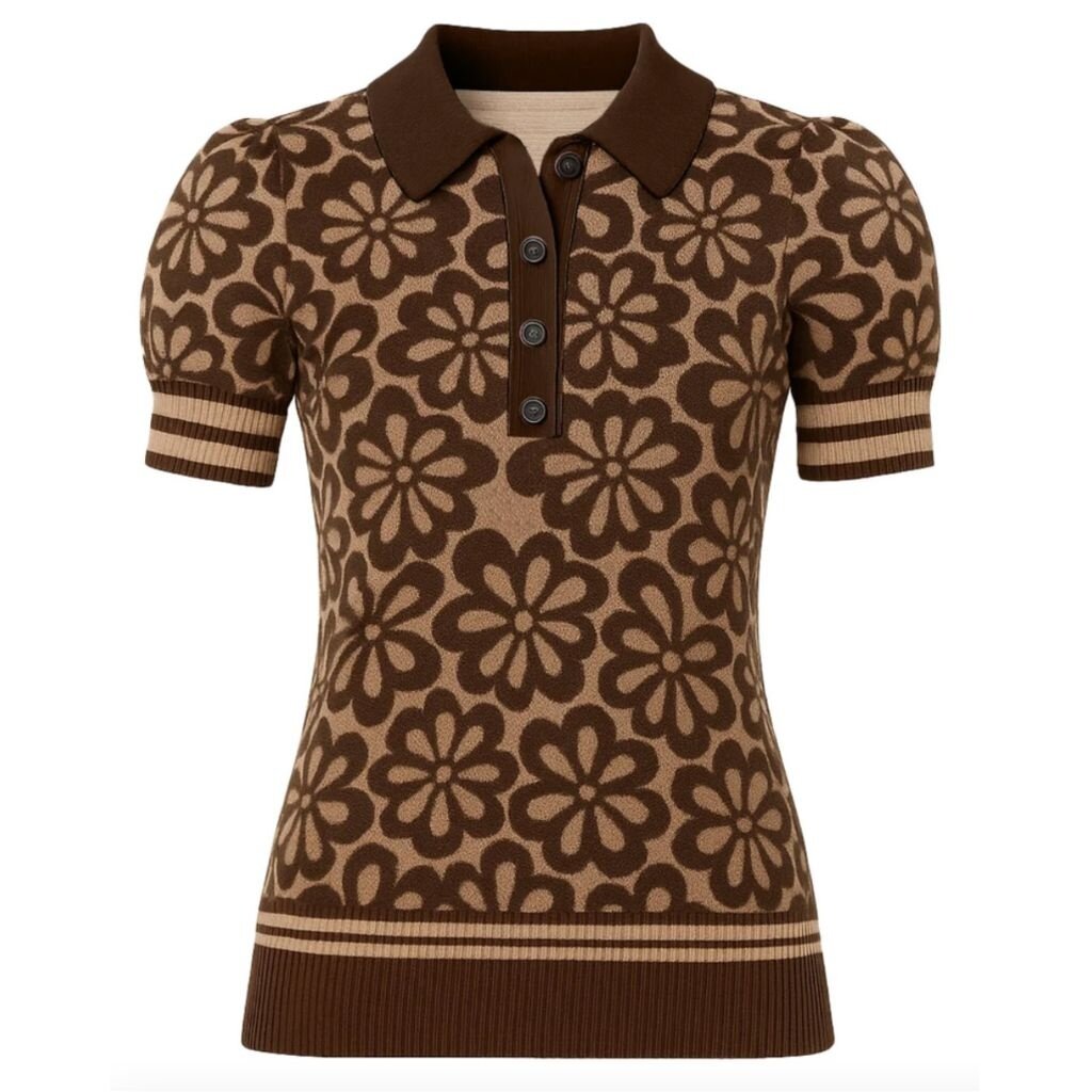 OxKnit FL25 Womens Vintage Jacquard Bubble Sleeve Polo