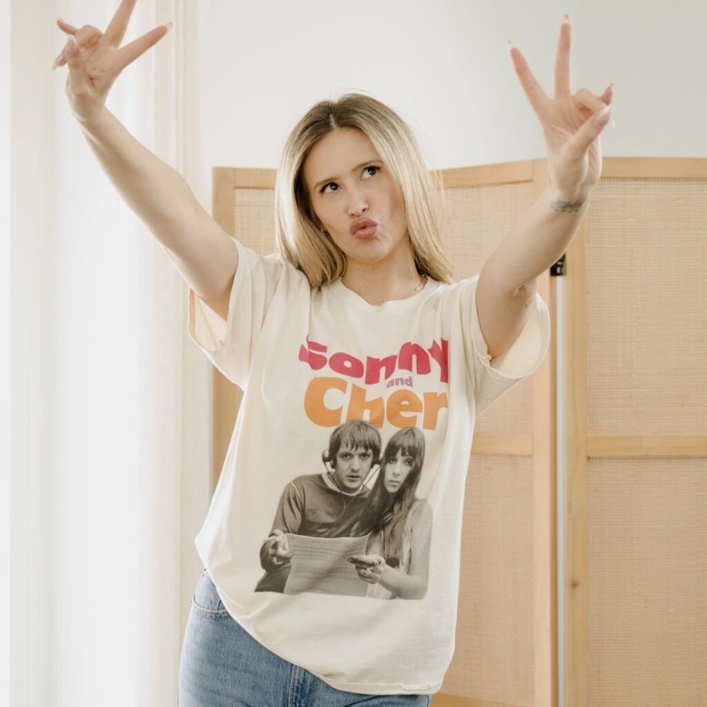 LivyLu Sonny & Cher Bold Off White Licensed Graphic Thrifted Tee