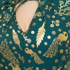 Unique Vintage & Smak Parlour 1940s Green & Gold Peacock Print Dahlia Swing Dress