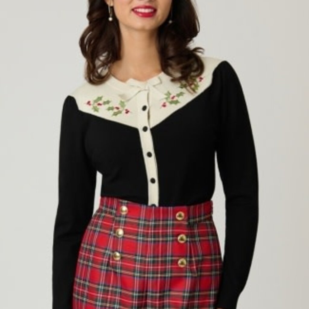 Unique Vintage & Smak Parlour Black & Ivory Holly Embroidered Cardigan