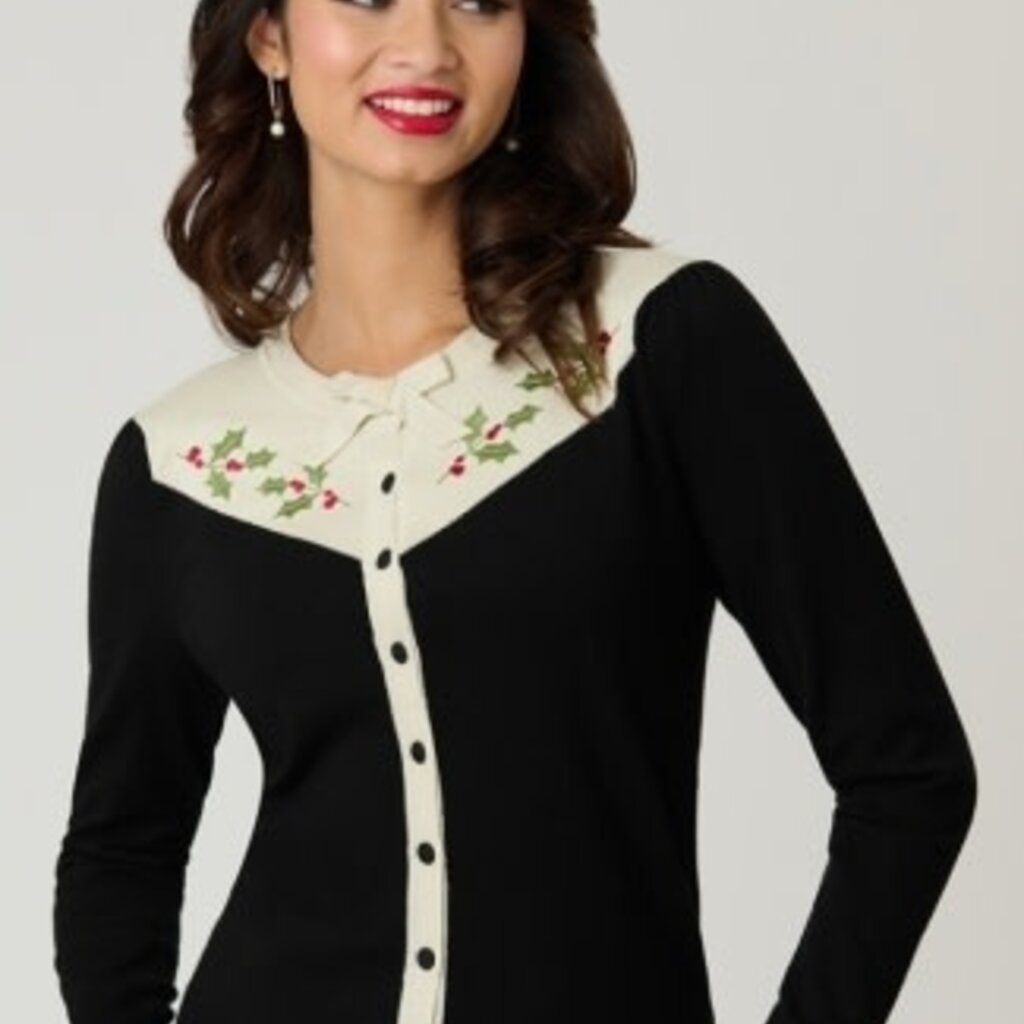 Unique Vintage & Smak Parlour Black & Ivory Holly Embroidered Cardigan