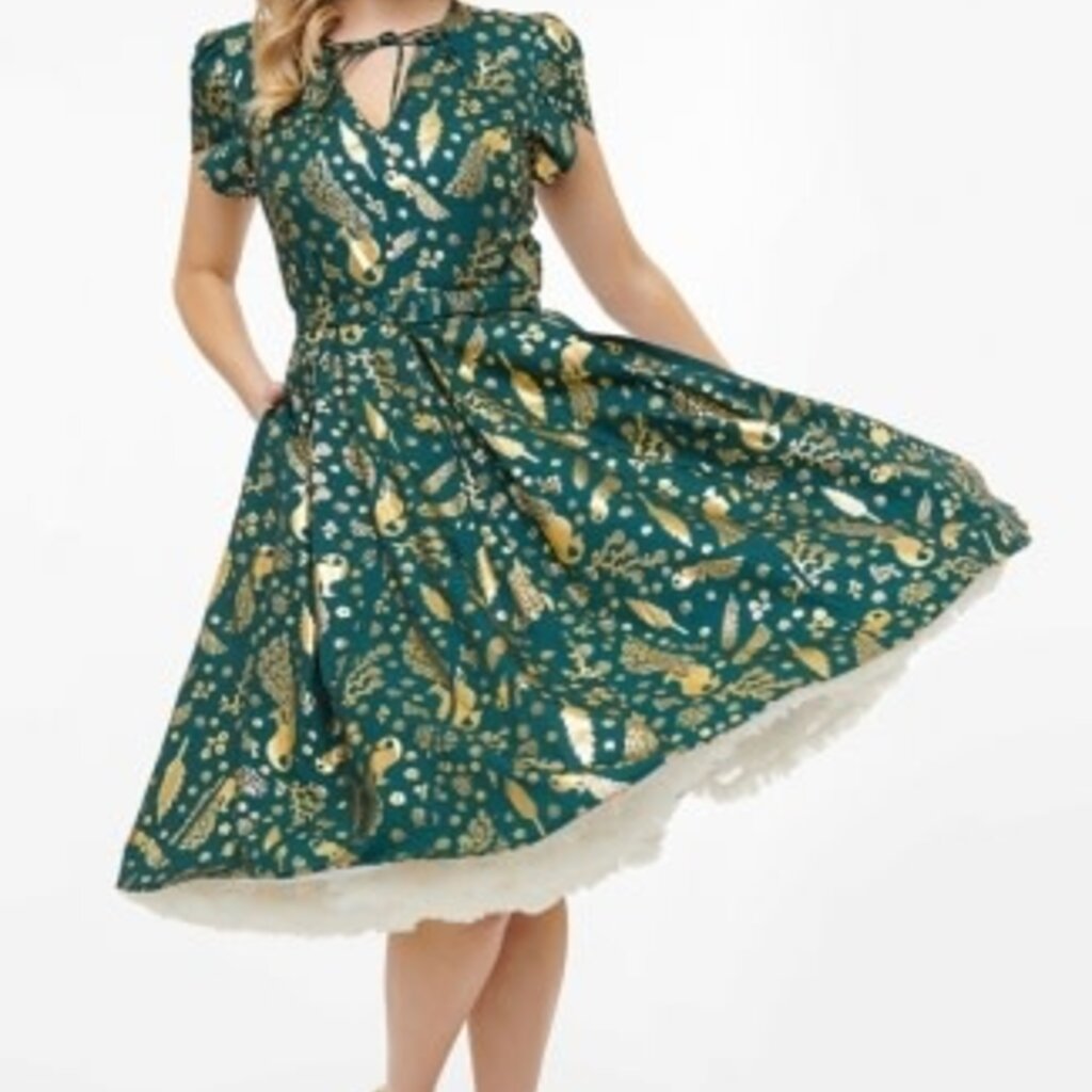 Unique Vintage & Smak Parlour 1940s Green & Gold Peacock Print Dahlia Swing Dress