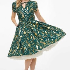 Unique Vintage & Smak Parlour 1940s Green & Gold Peacock Print Dahlia Swing Dress
