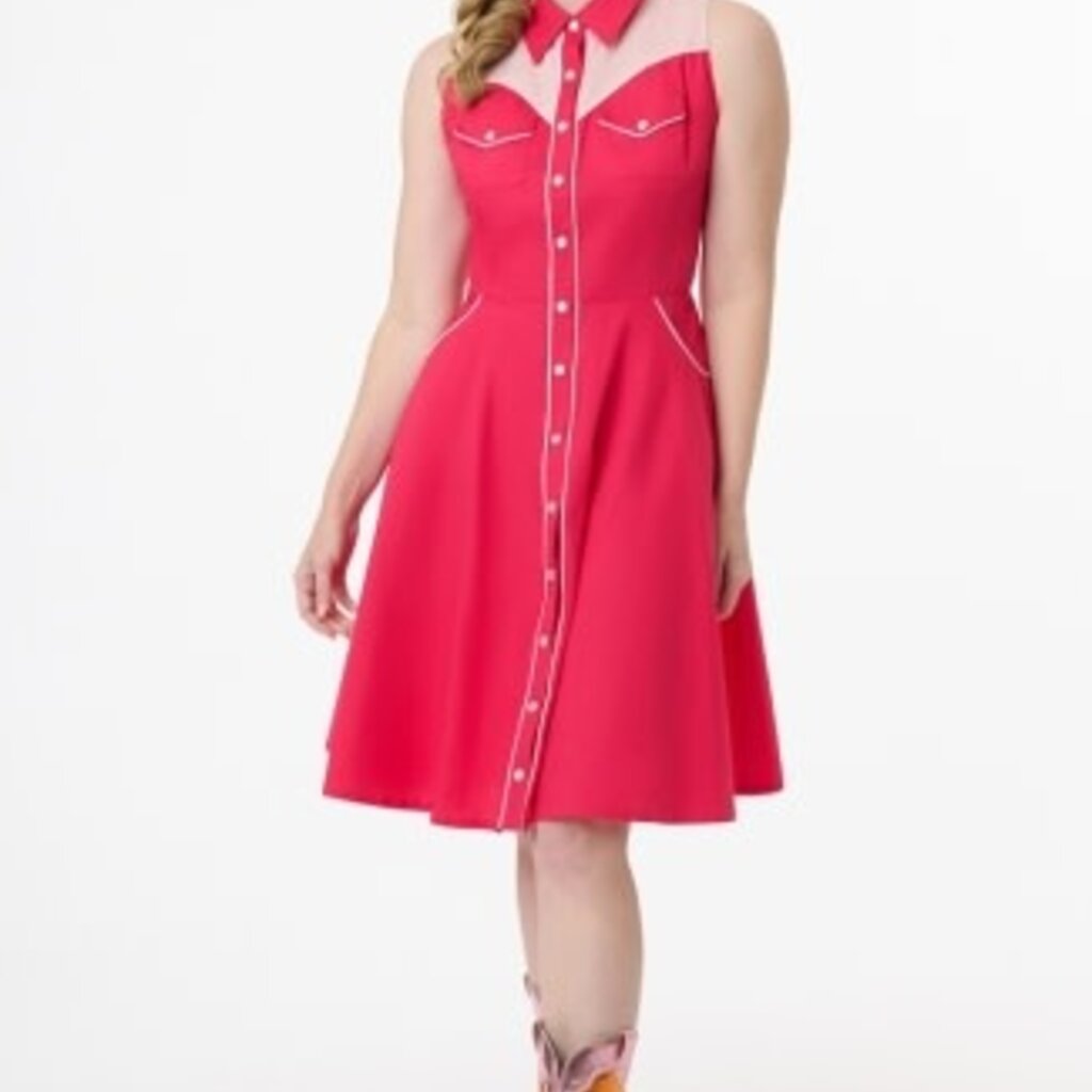 Unique Vintage & Smak Parlour 1950s Pink Western Cotton Flare Dress