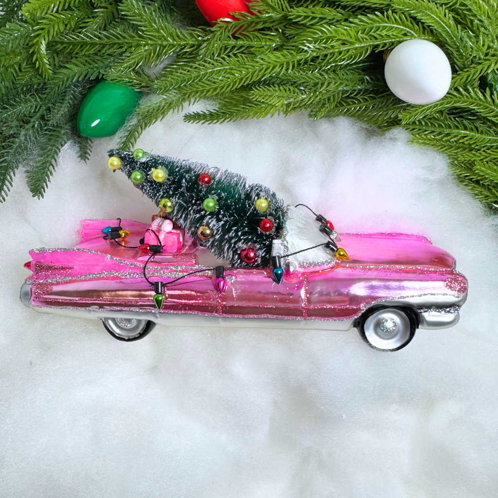 180 Degrees Pink Cadillac w/Tree Ornament 8.25"