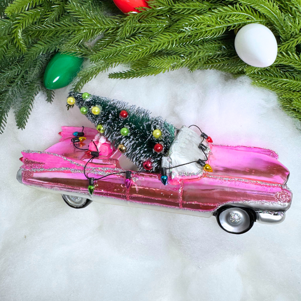 180 Degrees Pink Cadillac w/Tree Ornament 8.25"