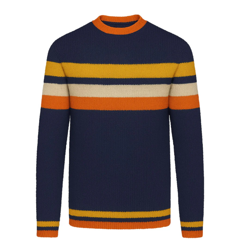 OxKnit FL25 Dark Blue Retro Art Striped Fashionable Jacquard Round Neck Knitwear