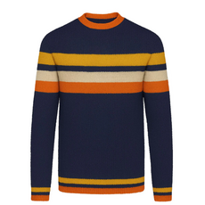 OxKnit FL25 Dark Blue Retro Art Striped Fashionable Jacquard Round Neck Knitwear