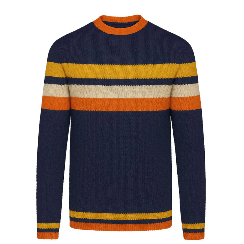 OxKnit FL25 Dark Blue Retro Art Striped Fashionable Jacquard Round Neck Knitwear