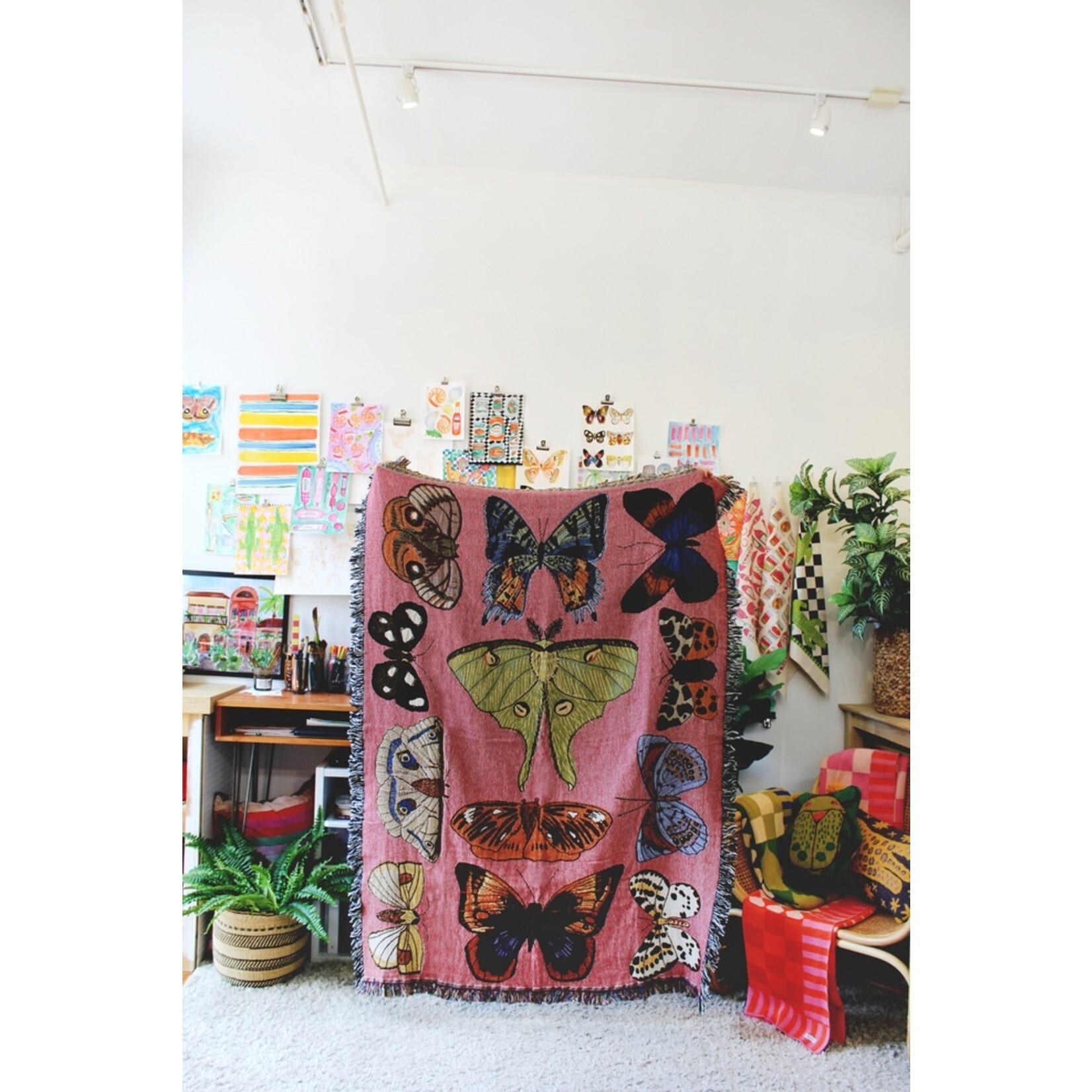 Moth Still Life Pink Tapestry Blanket