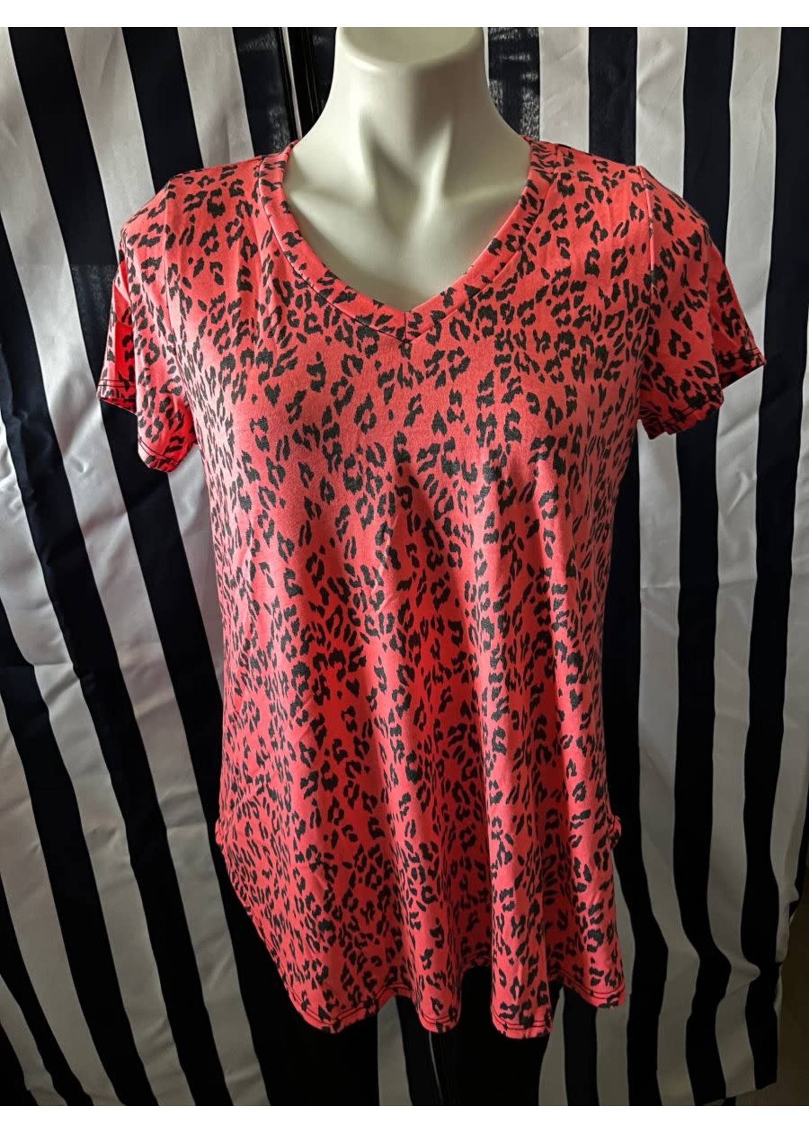 HoneyMe HoneyMe Neon Pink/Black Cheetah Print V-Neck W/ Short Sleeve Top (Color may vary from picture)