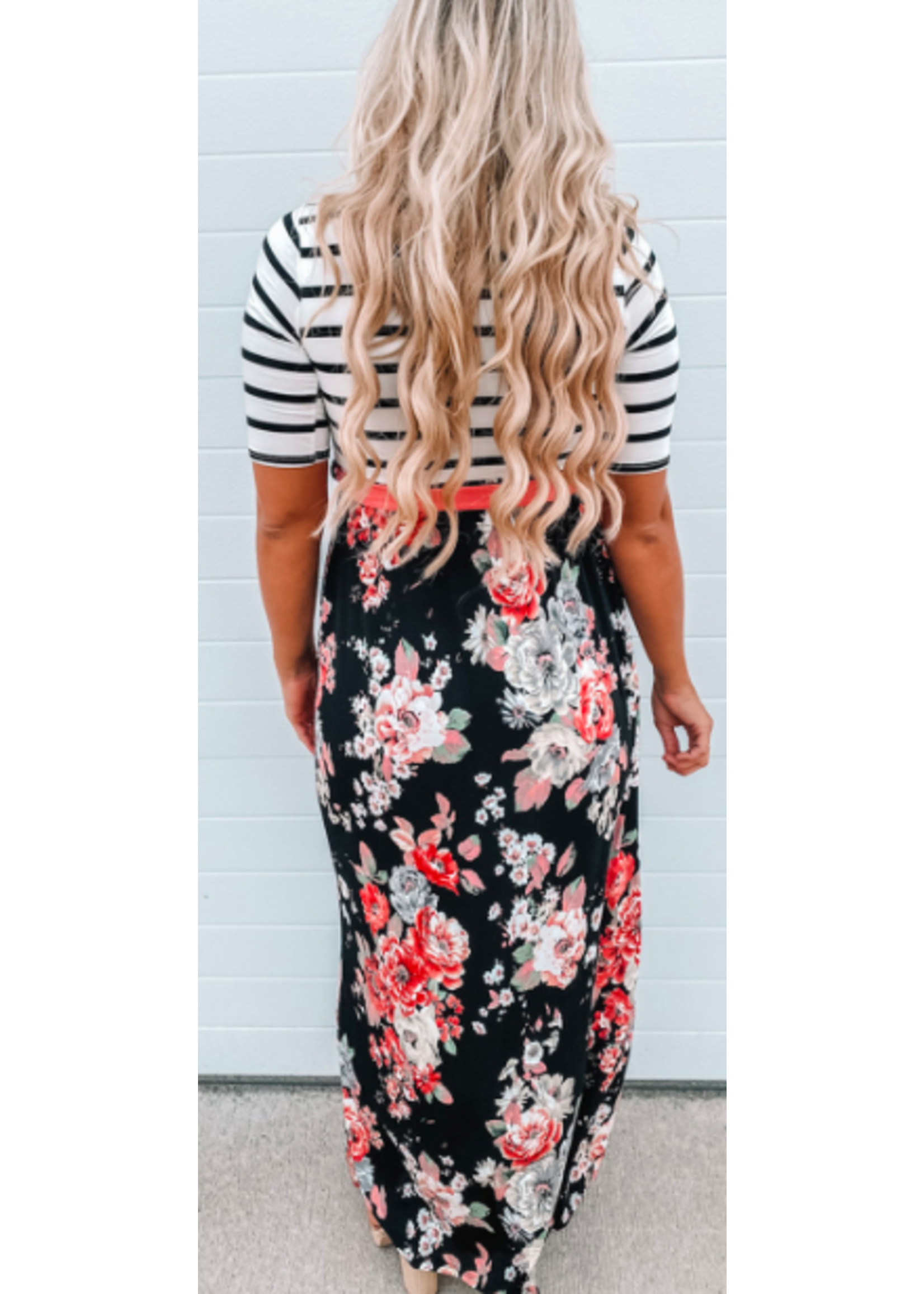 Striped/Floral color Block Lace-UP Maxi Dresses