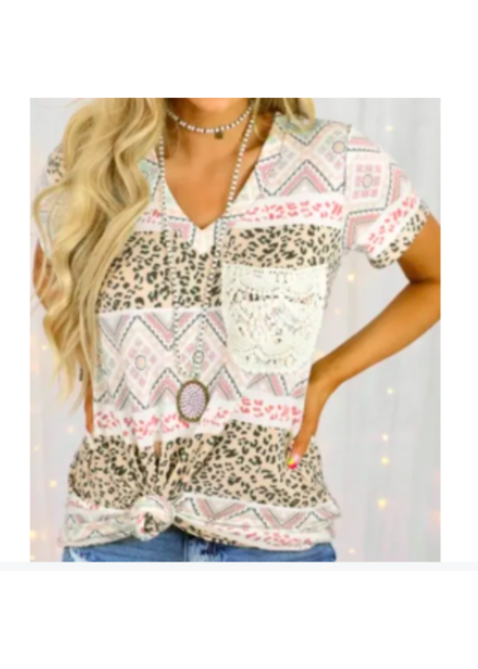 Aztec Leopard Splicing Print Top with Lace Pocket (Does not tie in front)