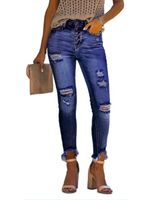 Blue High Rise Button Front Frayed Ankle Skinny Jeans