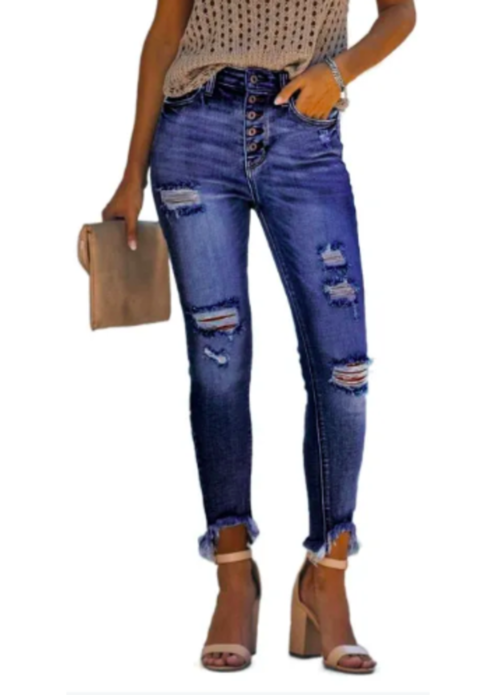 Blue High Rise Button Front Frayed Ankle Skinny Jeans