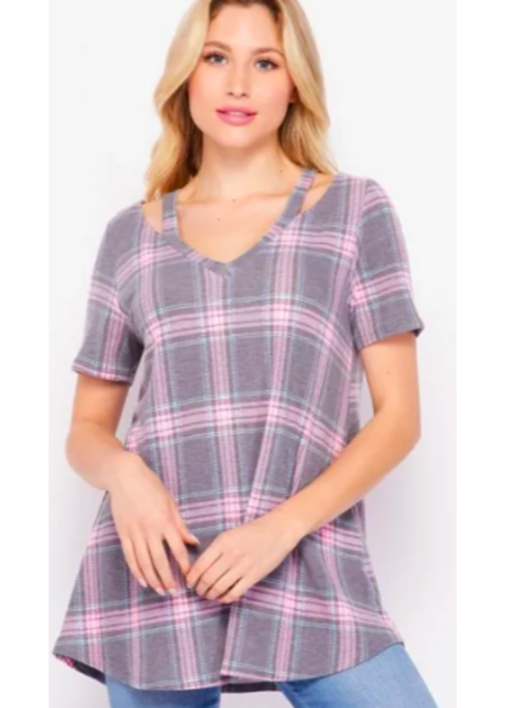 HONEYME GRAY AND PINK PLAID SHORT SLEEVE