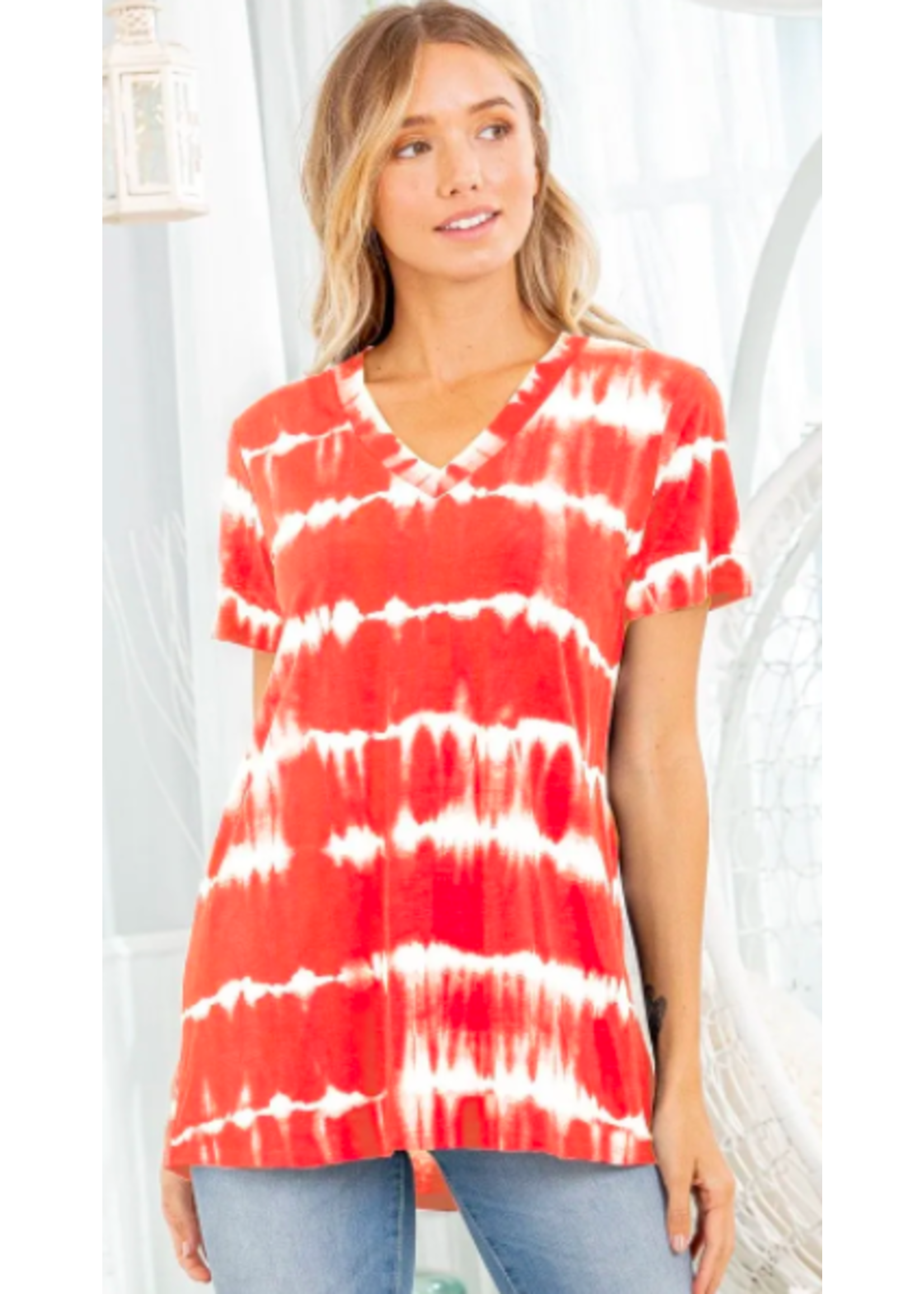 Hemish Coral and White Tie Dye Short Sleeve Top