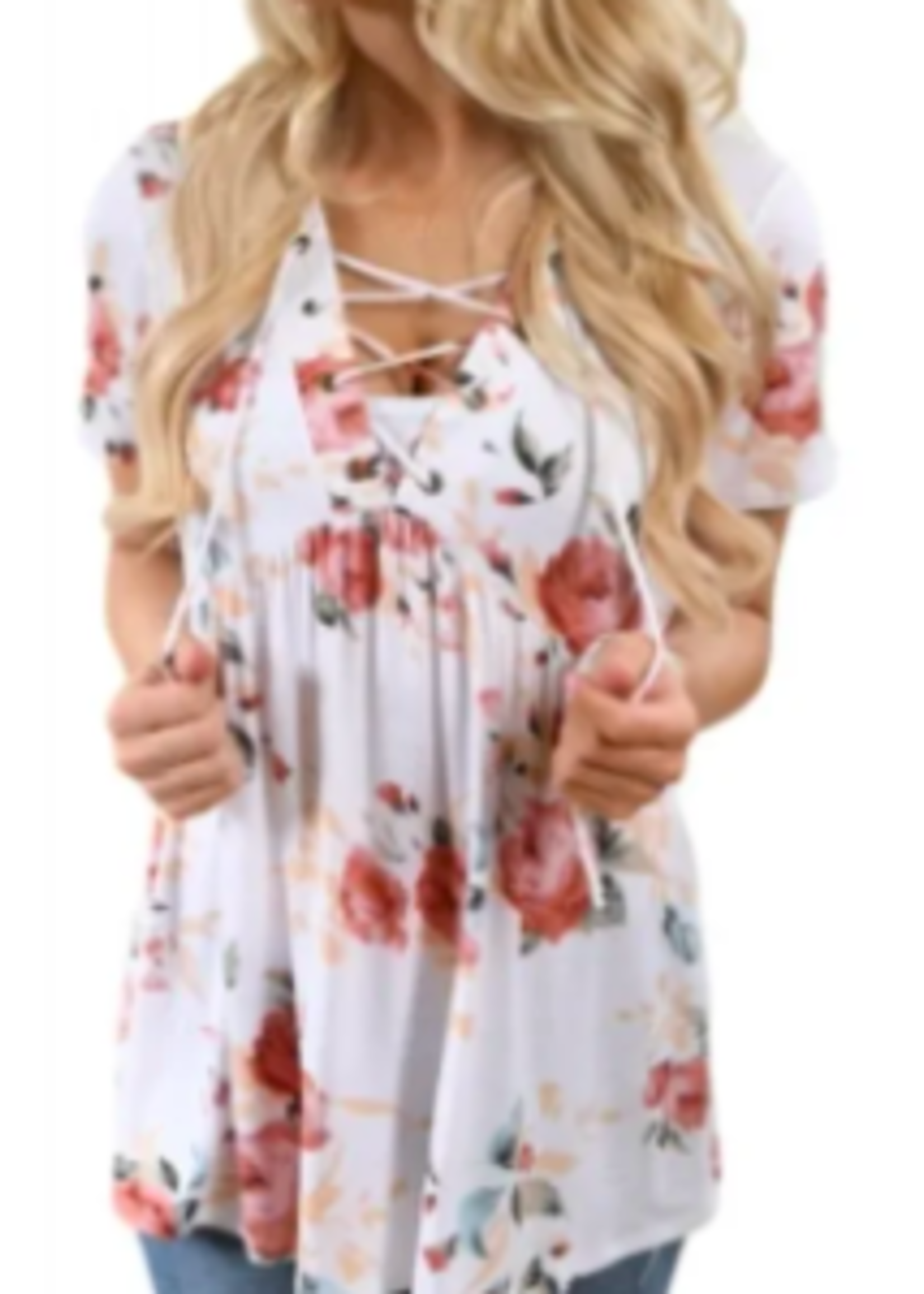 White Floral Grommet Lace Up V Neck Loose Tunic