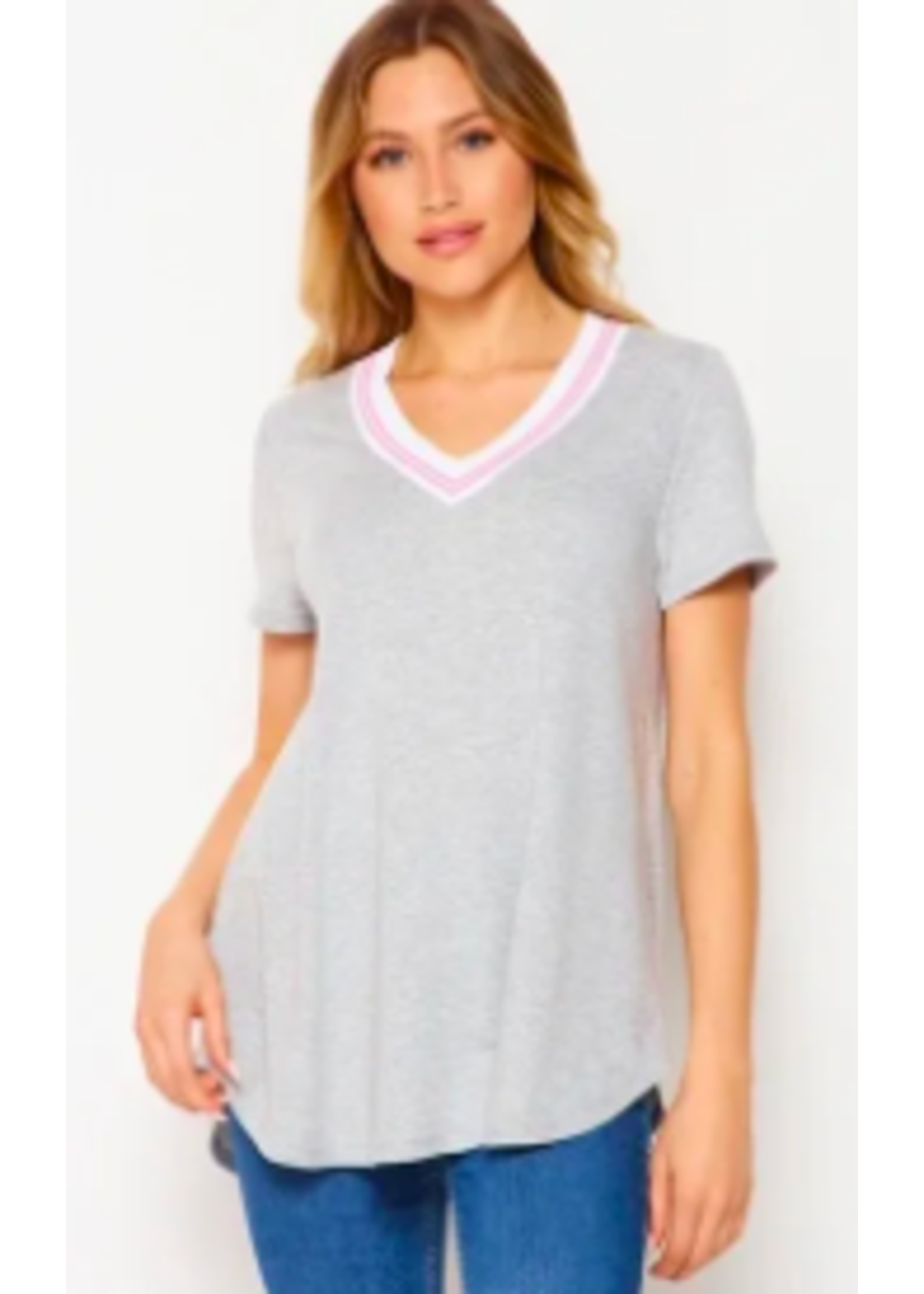 HoneyMe Heather Grey Short Sleeve With White and Pink Detail V Neck