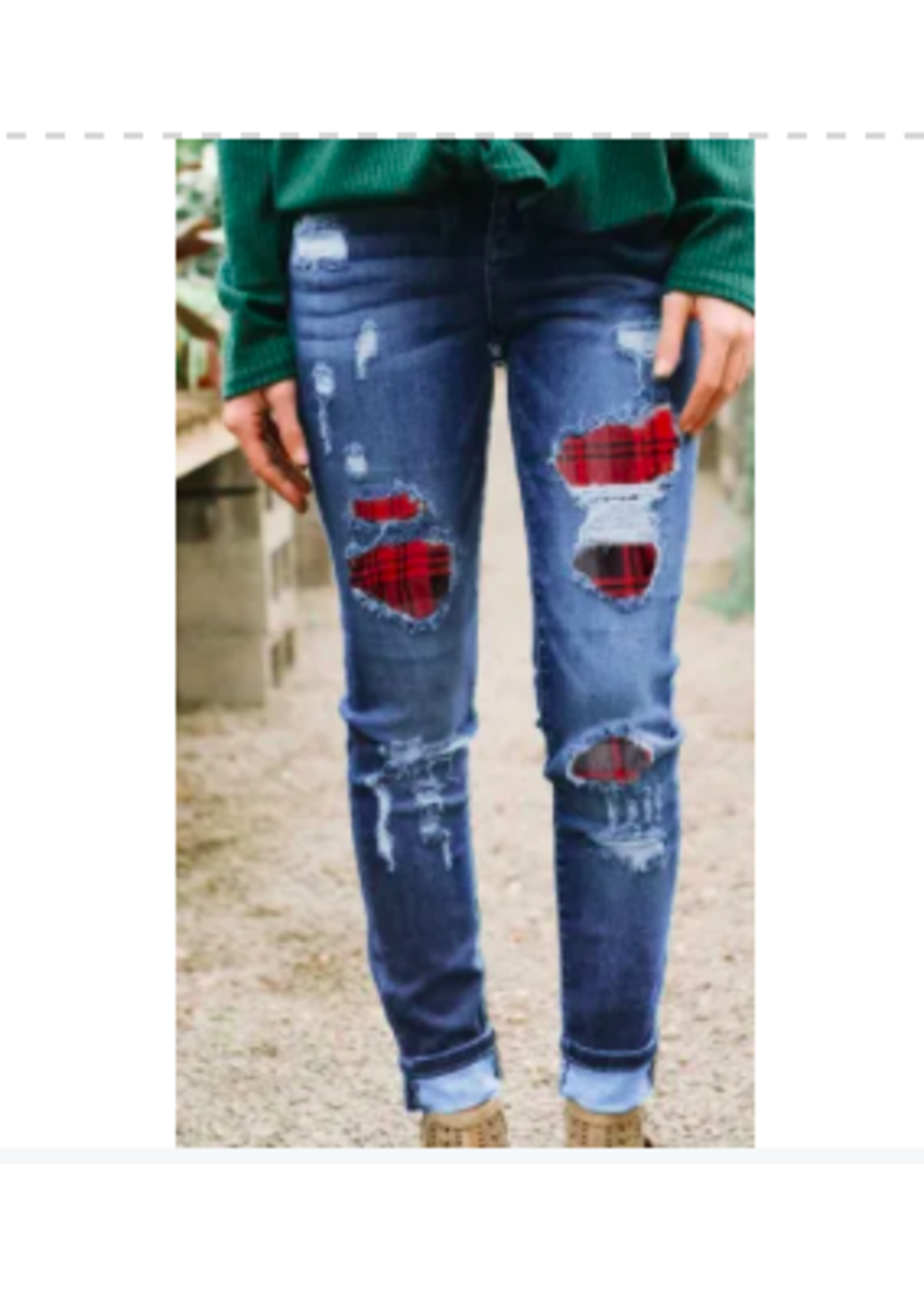 Patches Of Plaid Denim Distressed Jeans