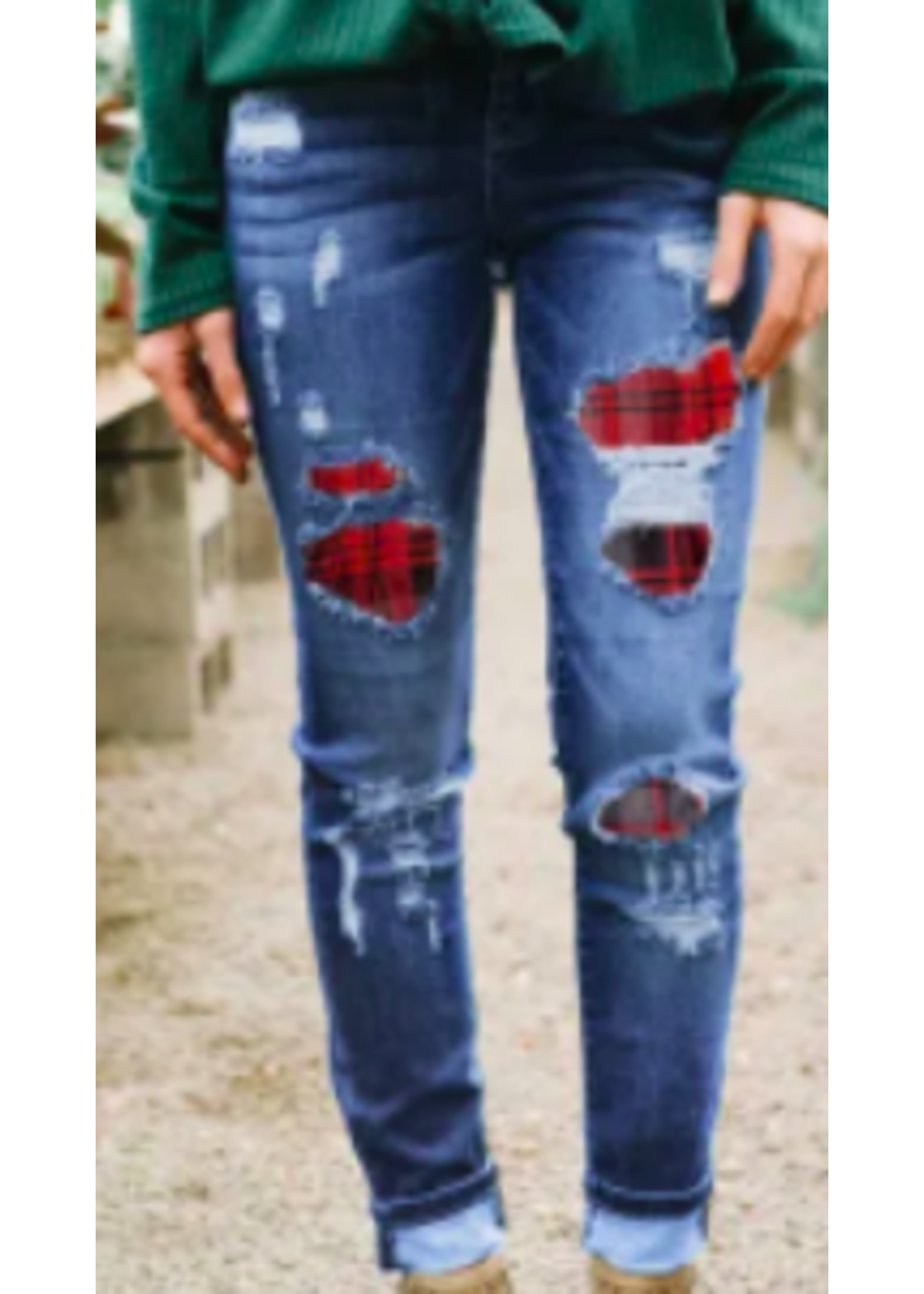 Patches Of Plaid Denim Distressed Jeans