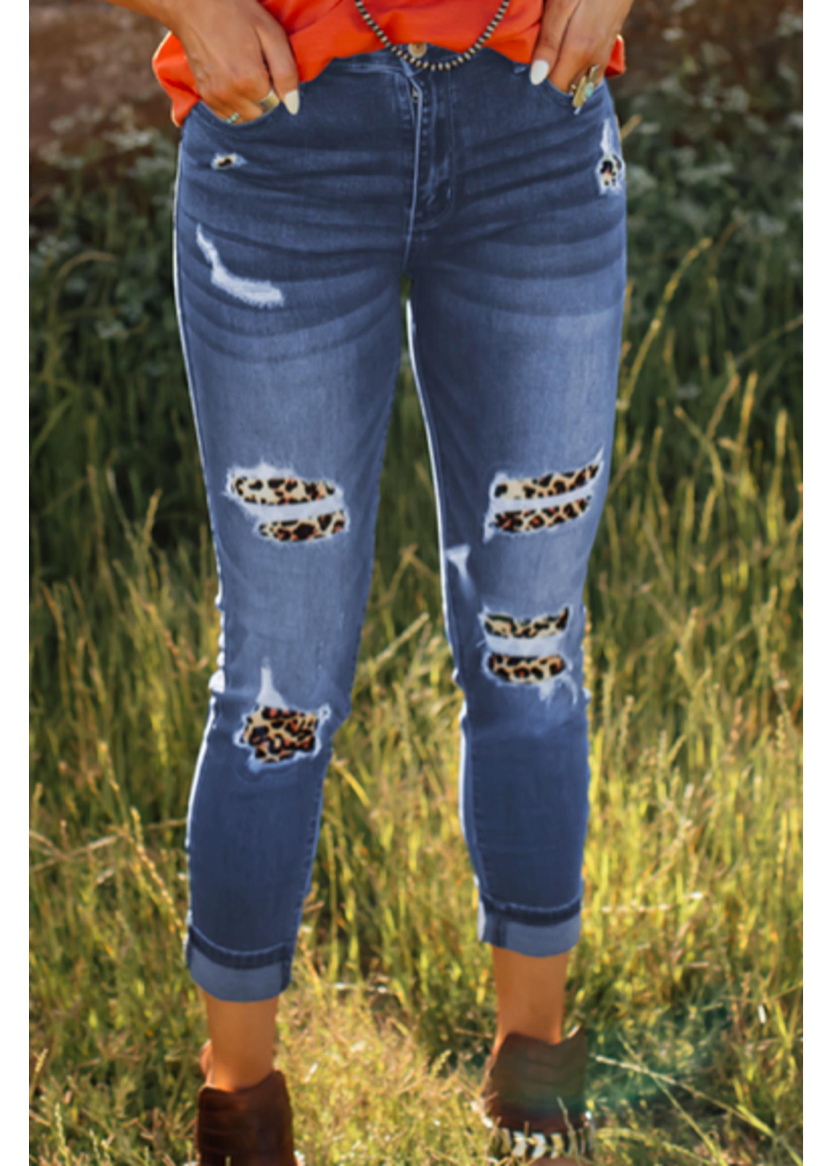 Leopard Skinny Blue Jeans