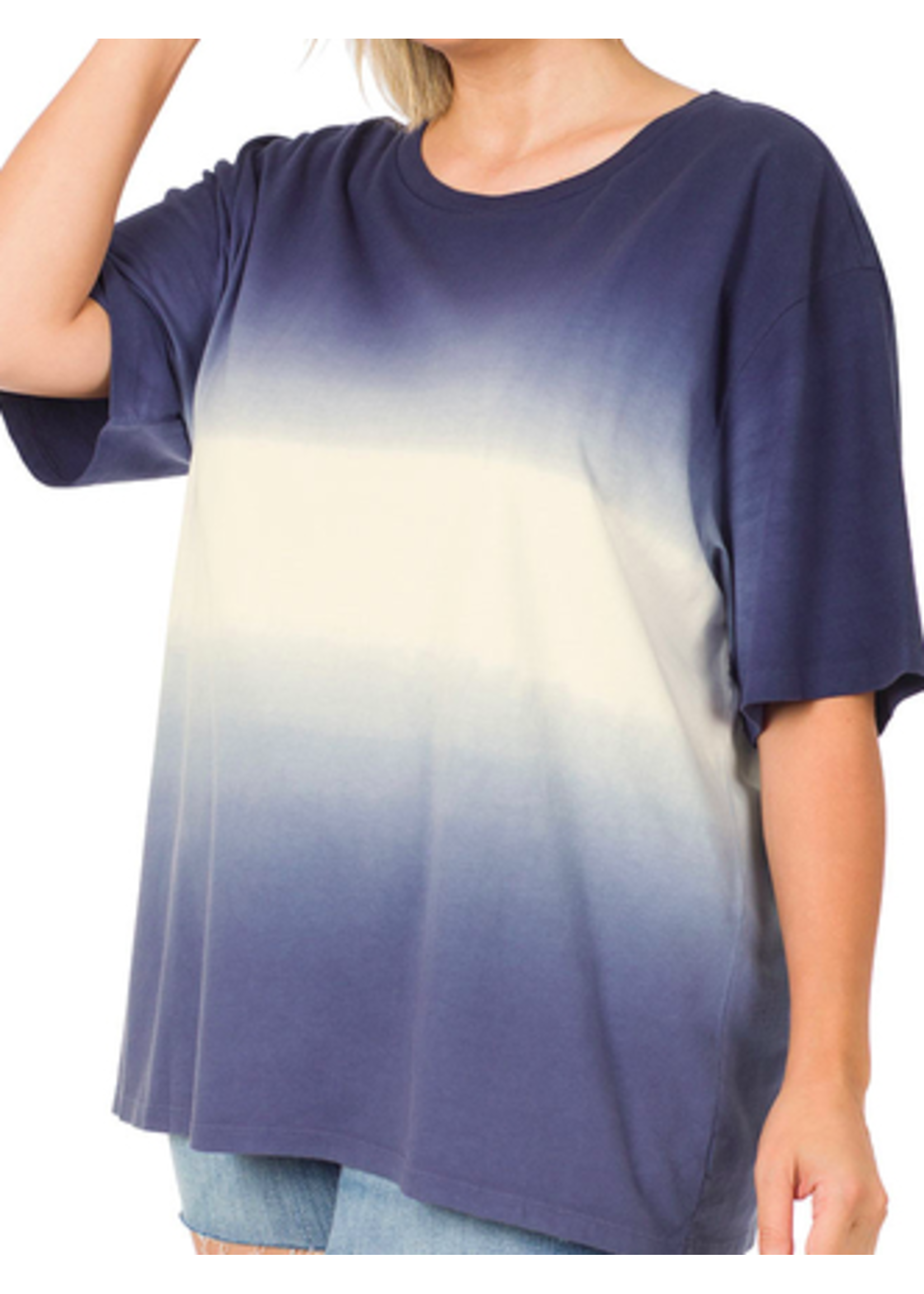 Zenana NAVY PLUS DIP DYE SHORT SLEEVE ROUND NECK TOP