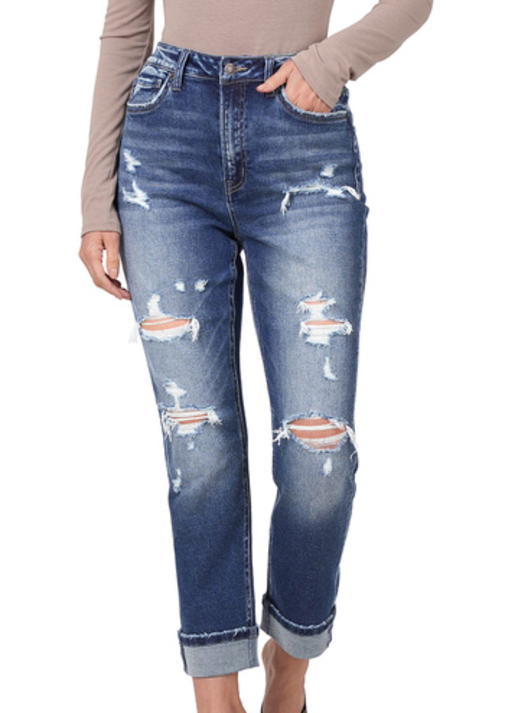 Zenana DARK DISTRESSED CUFFED MOM JEANS