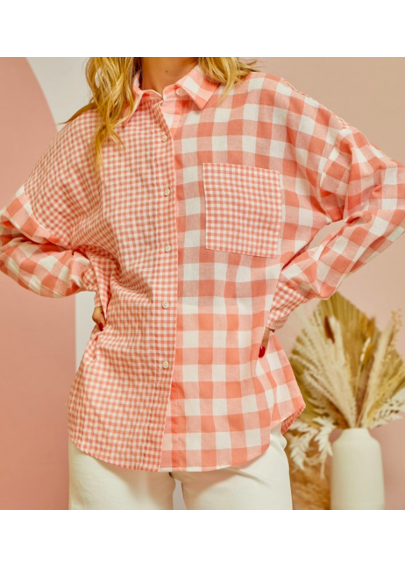 Andree By Unit CORAL BUTTON DOWN GINGHAM