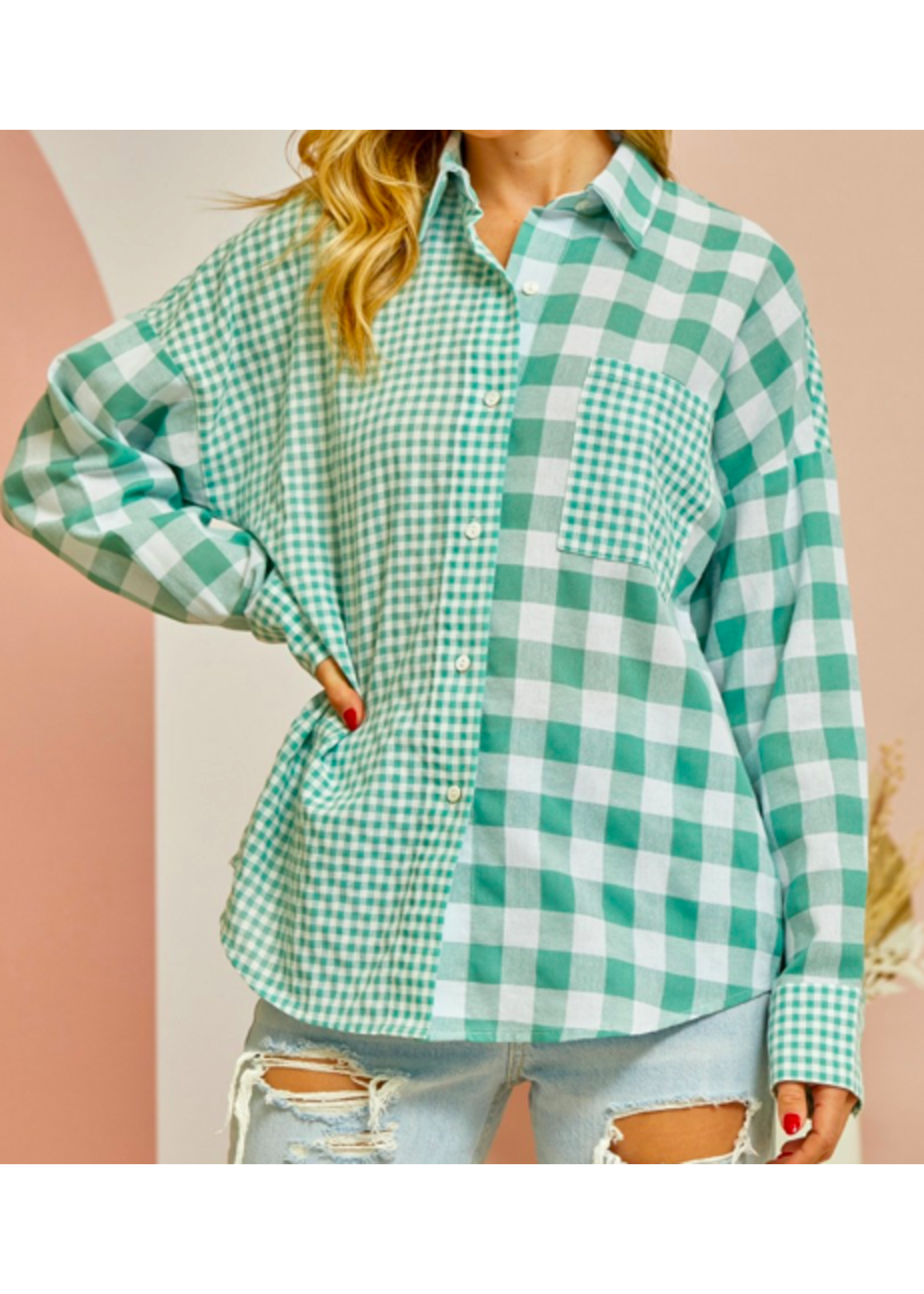 Andree By Unit SAGE BUTTON DOWN GINGHAM
