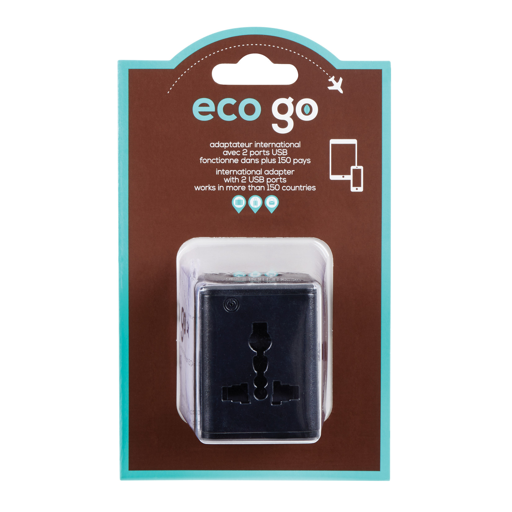 ECO GO 503216  -  ADAPTEUR DE VOYAGE INTERNATIONAL A/C 2 PORTS USB ECO GO