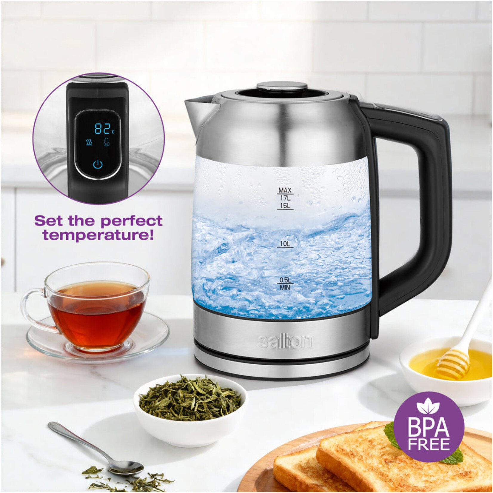 SALTON GK1758 - BOUILLOIRE EN VERRE 1.7L TEMP. AJUSTABLE PANIER A THE SALTON