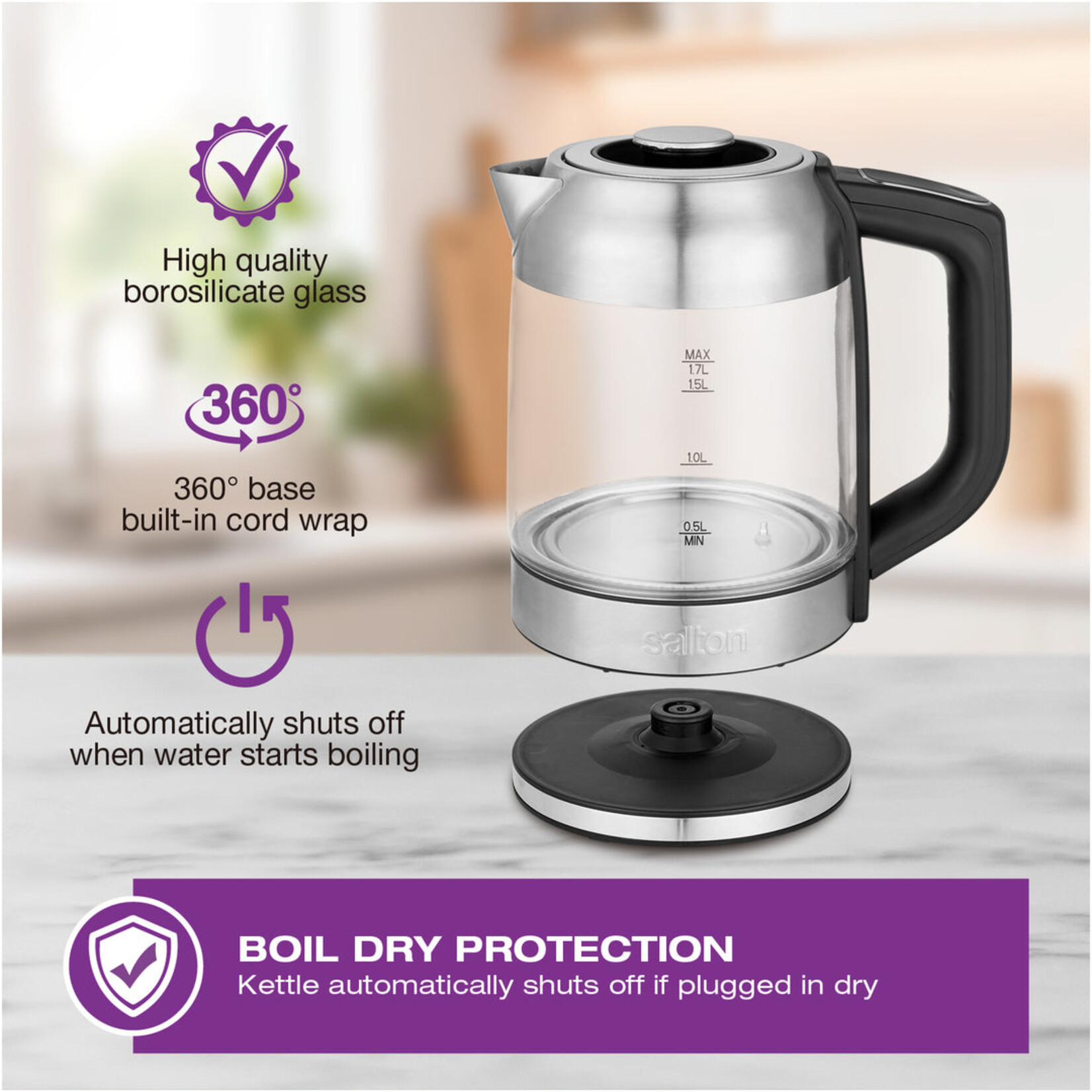 SALTON GK1758 - BOUILLOIRE EN VERRE 1.7L TEMP. AJUSTABLE PANIER A THE SALTON