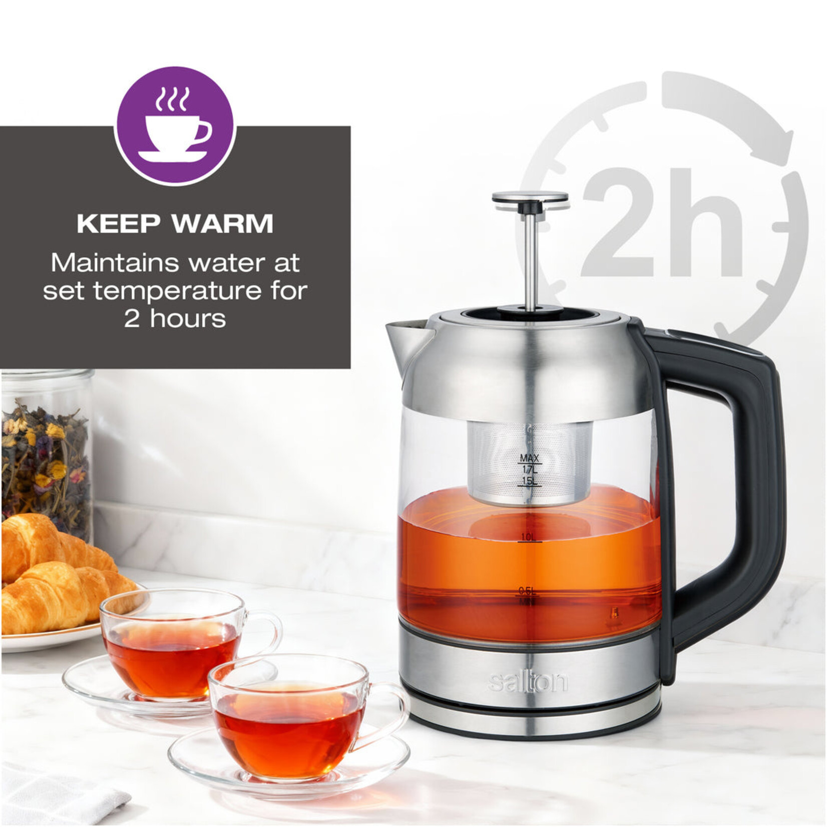 SALTON GK1758 - BOUILLOIRE EN VERRE 1.7L TEMP. AJUSTABLE PANIER A THE SALTON