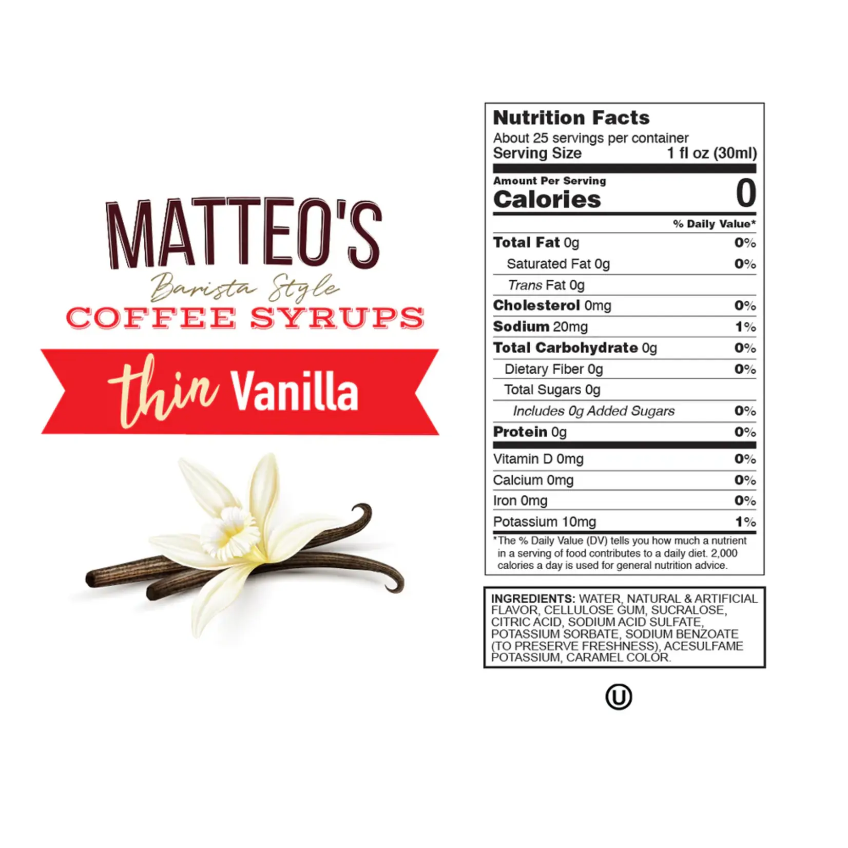 MATTEO'S 16643 - SIROP POUR CAFE A LA VANILLE SANS SUCRE 750ml MATTEO'S