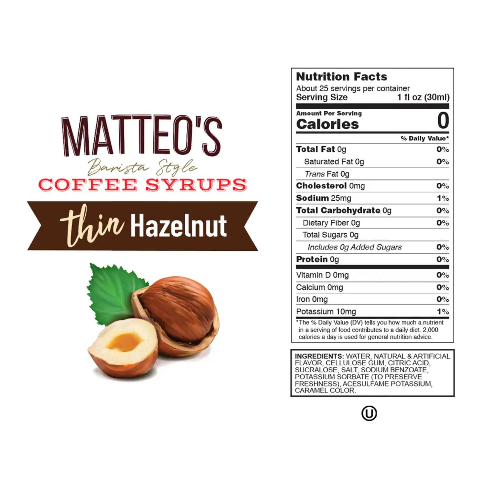 MATTEO'S 16646 - SIROP POUR CAFE A LA NOISETTE SANS SUCRE 750ml MATTEO'S