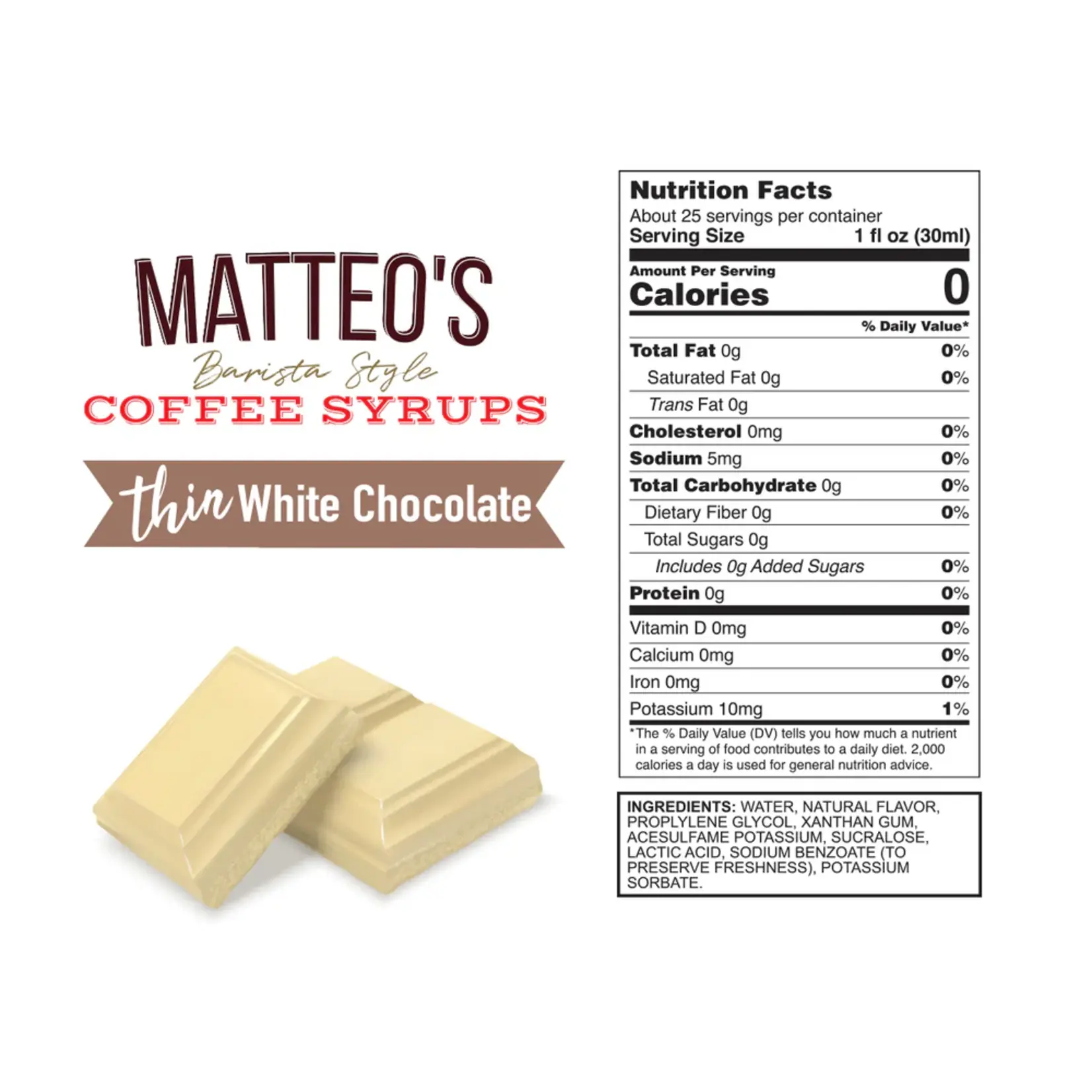 MATTEO'S 50026 - SIROP POUR CAFE AU CHOCOLAT BLANC SANS SUCRE 750ml MATTEO'S