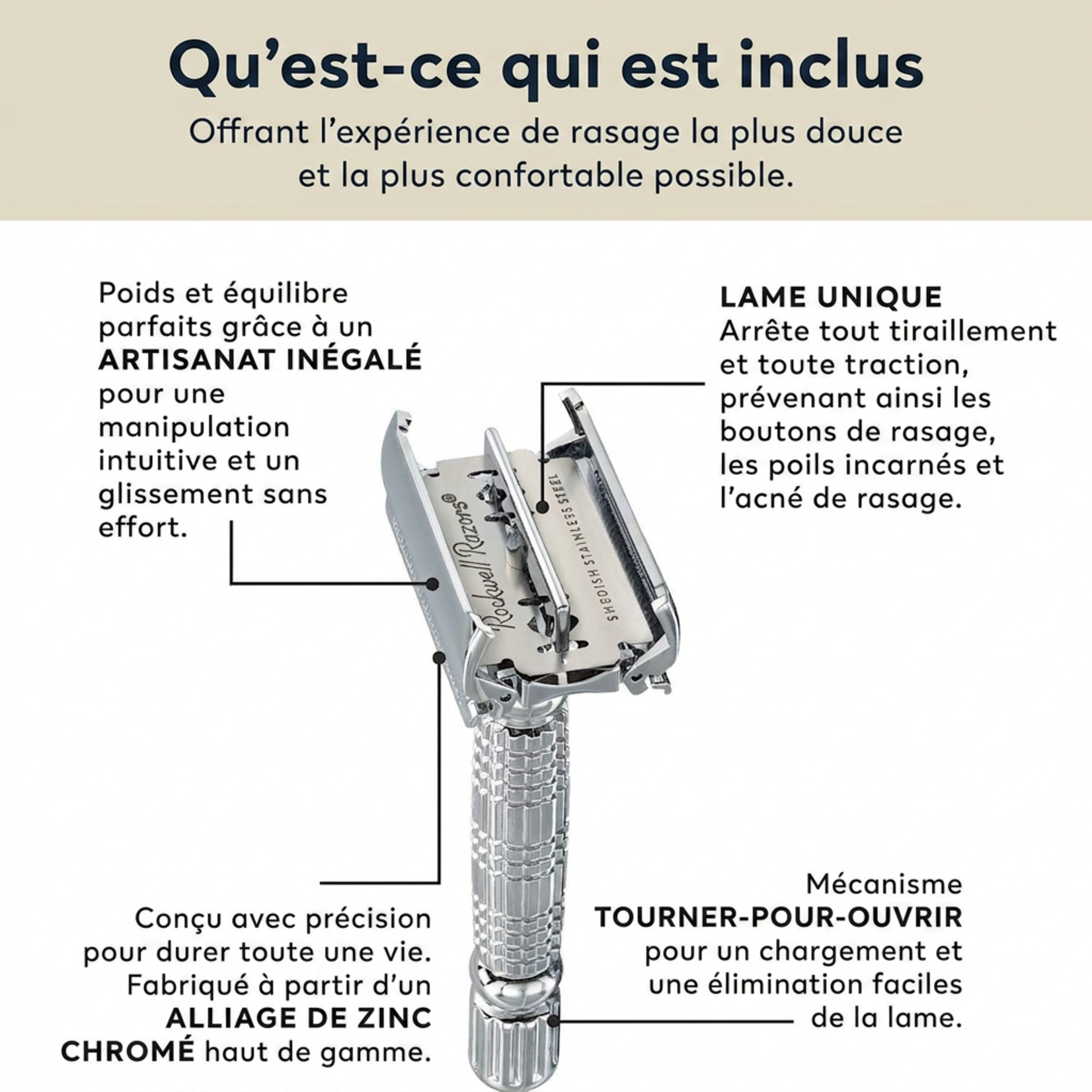 ROCKWELL RAZORS RR-960958 - RASOIR DE SURETE PAPILLON R1 CHROME BLANC ROCKWELL RAZORS